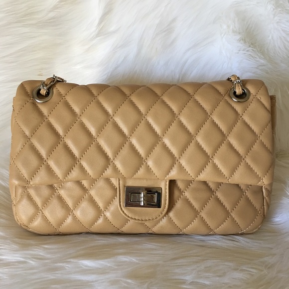 Handbags - Tan beige quilted flap bag silver chain medium